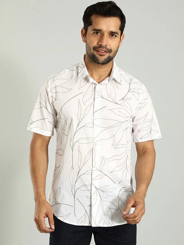 Indian Terrain Men's Regular Fit Half Sleeve All Over Print White Shirt